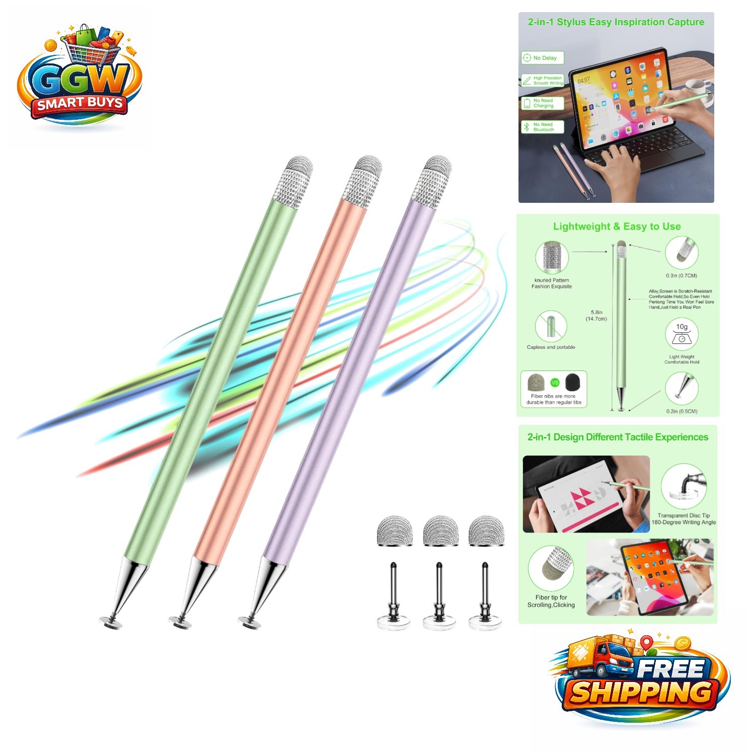 Lightweight 2-in-1 Stylus for Touchscreens: 3 Pack with Colorful Tips & Grip