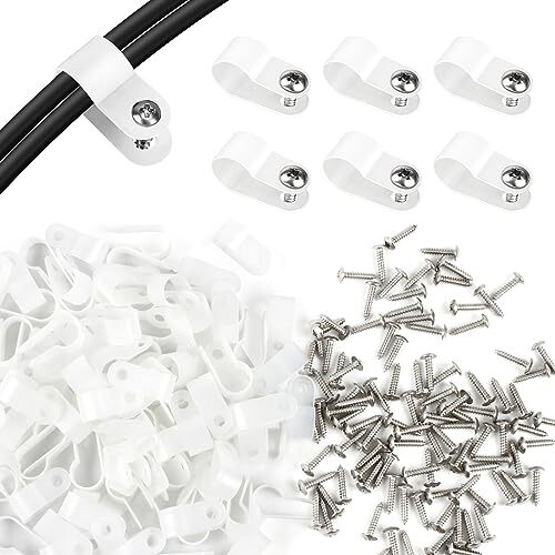  120pcs 3/8 Inch White R-Type Cable Clips with Screws, Nylon White(10.4mm)
