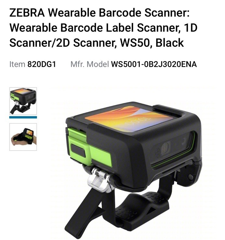 WS50 ZEBRA Wearable Barcode Label Scanner:  1D Scanner/2D Scanner, WS50, Black