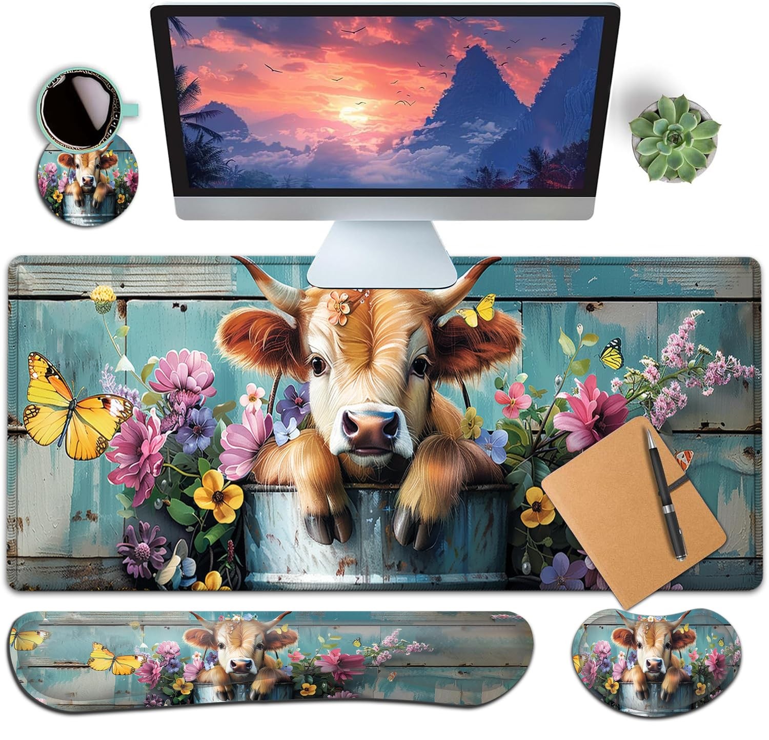 Cute Baby Cow Bucket 31.5x11.8 Inch Large Gaming Mouse Pad Keyboard Wrist Rest