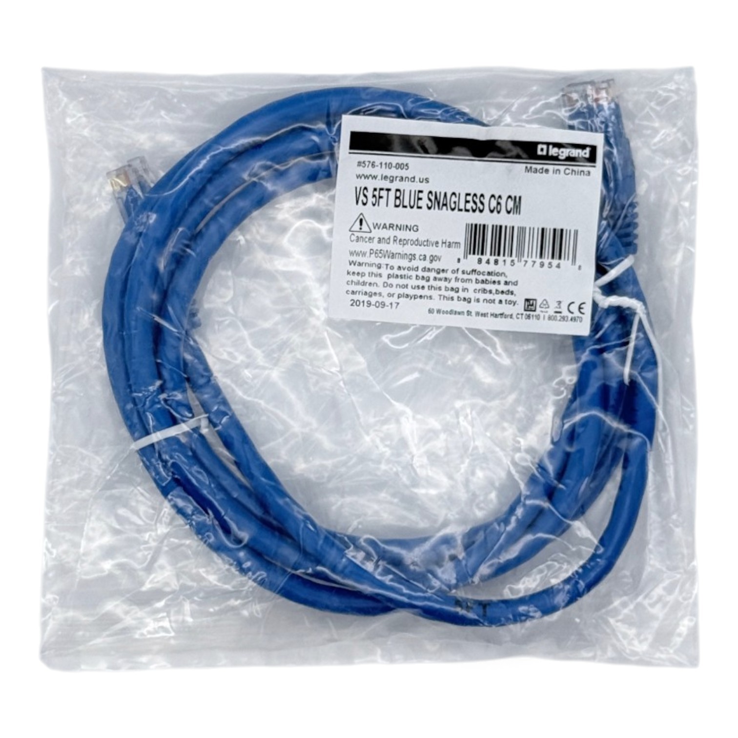Legrand Quiktron 5ft Cat6 Ethernet Patch Cable Blue Snagless RJ45 576-110-005