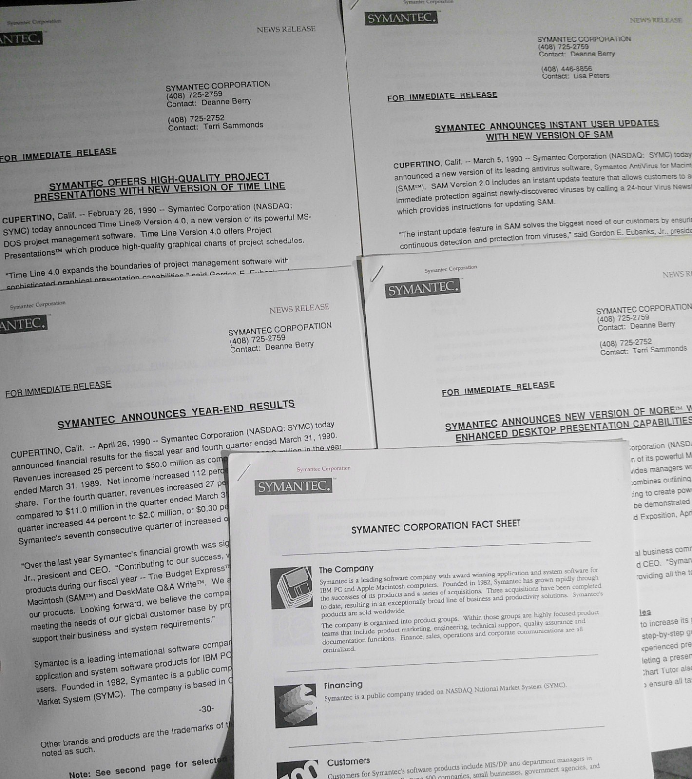 1990 Symantec 4 Press Releases & Corporate Fact Sheet - SAM, More, Time-Line etc