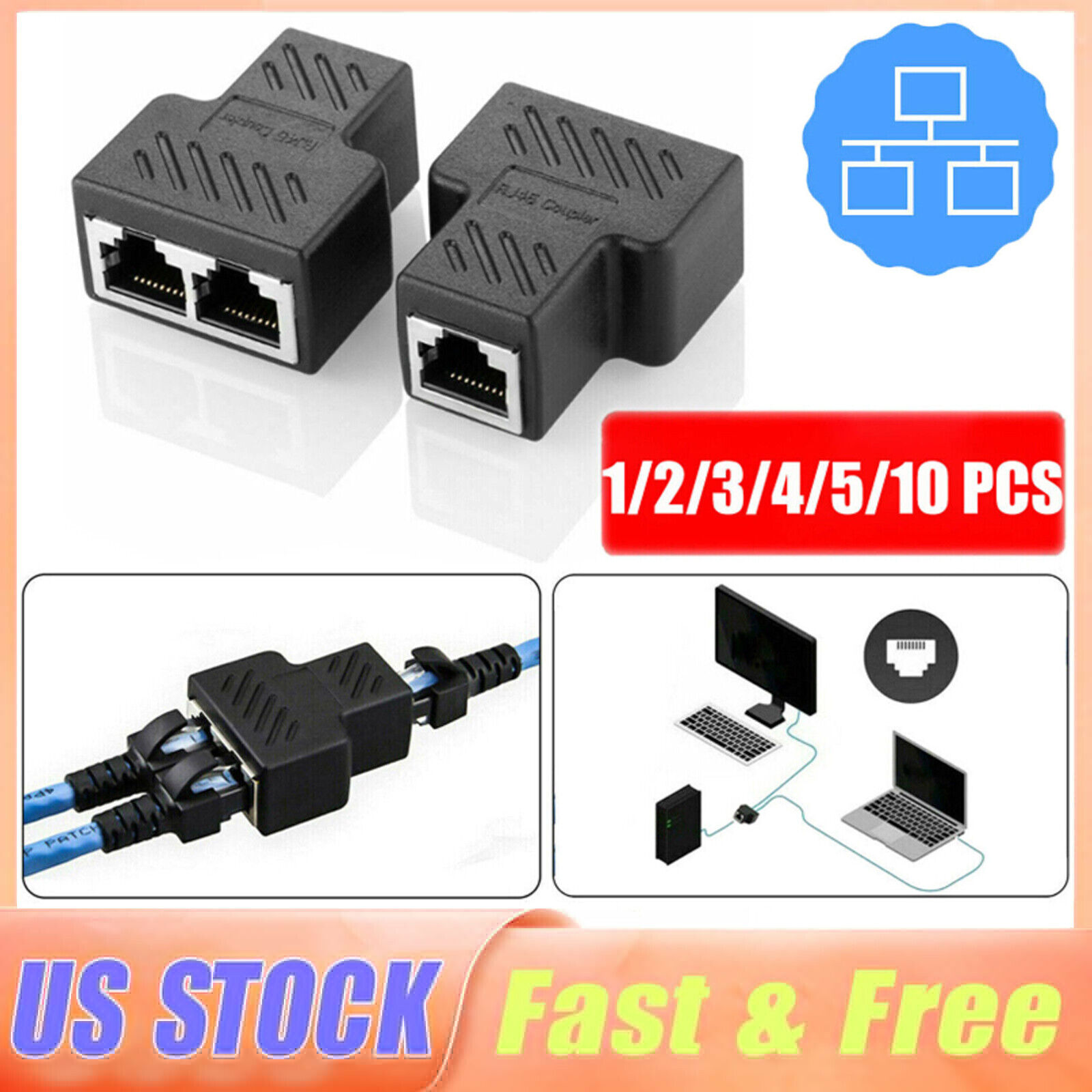 RJ45 Splitter Adapter LAN Ethernet Cable 1-2 Way Dual Female Port Connector NEW