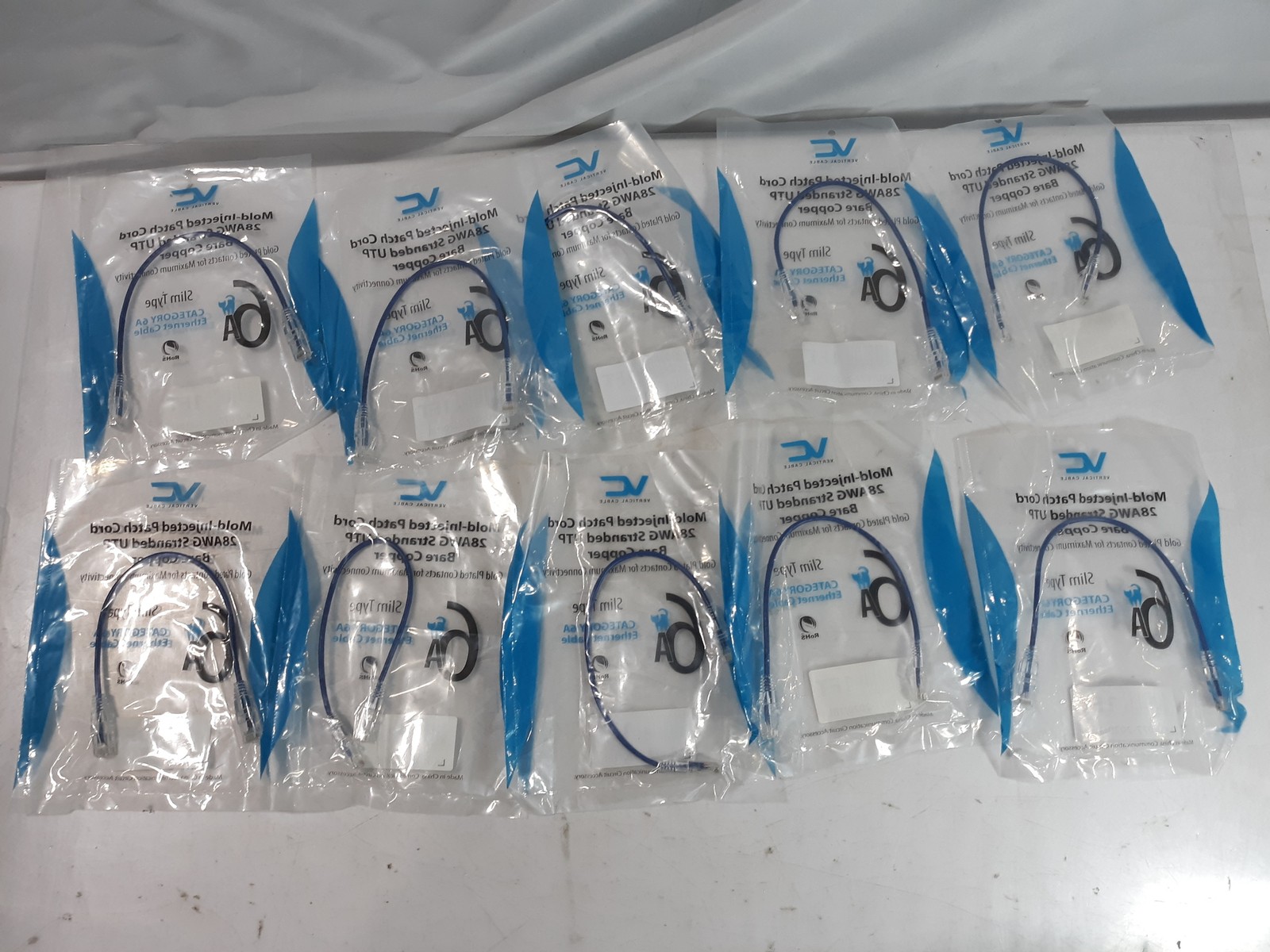Vertical Cable 1FT Cat6A Ethernet Cable 28AWG Stranded UTP - Lot of 10