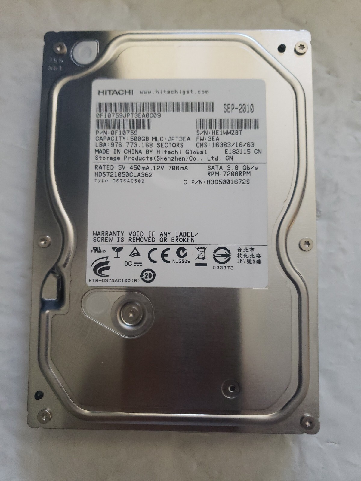 HITACHI 500GB HARD DRIVE SATA P/N 0f10759 CLEANED, TESTED, FORMAT NTFS