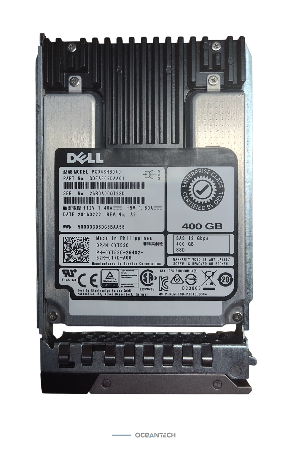 Dell 400GB YT53C PX04SHB040 Toshiba SSD SAS 12G MLC WI 2.5in w/ Tray Grade A 90%