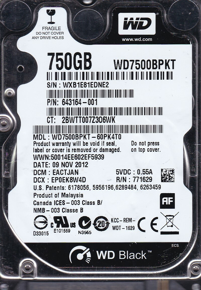 WD7500BPKT-60PK4T0 dcm: EACTJAN  WXB1E8 NOV 2012 750GB SATA 2.5 Western Digital