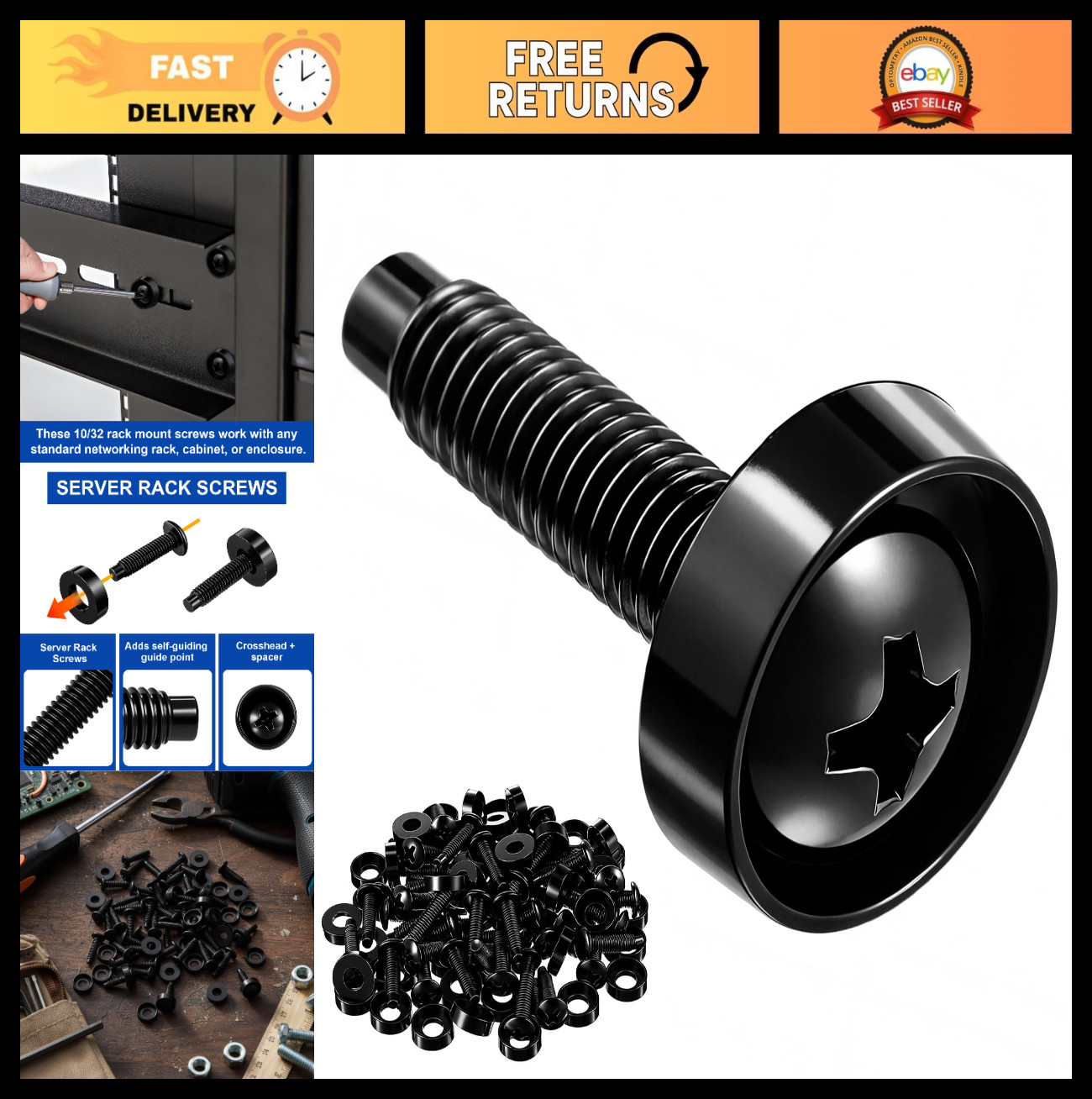 100 Pack Server Rack Screws 10-32 with Nylon Washers, Black Pilot Point for Rack