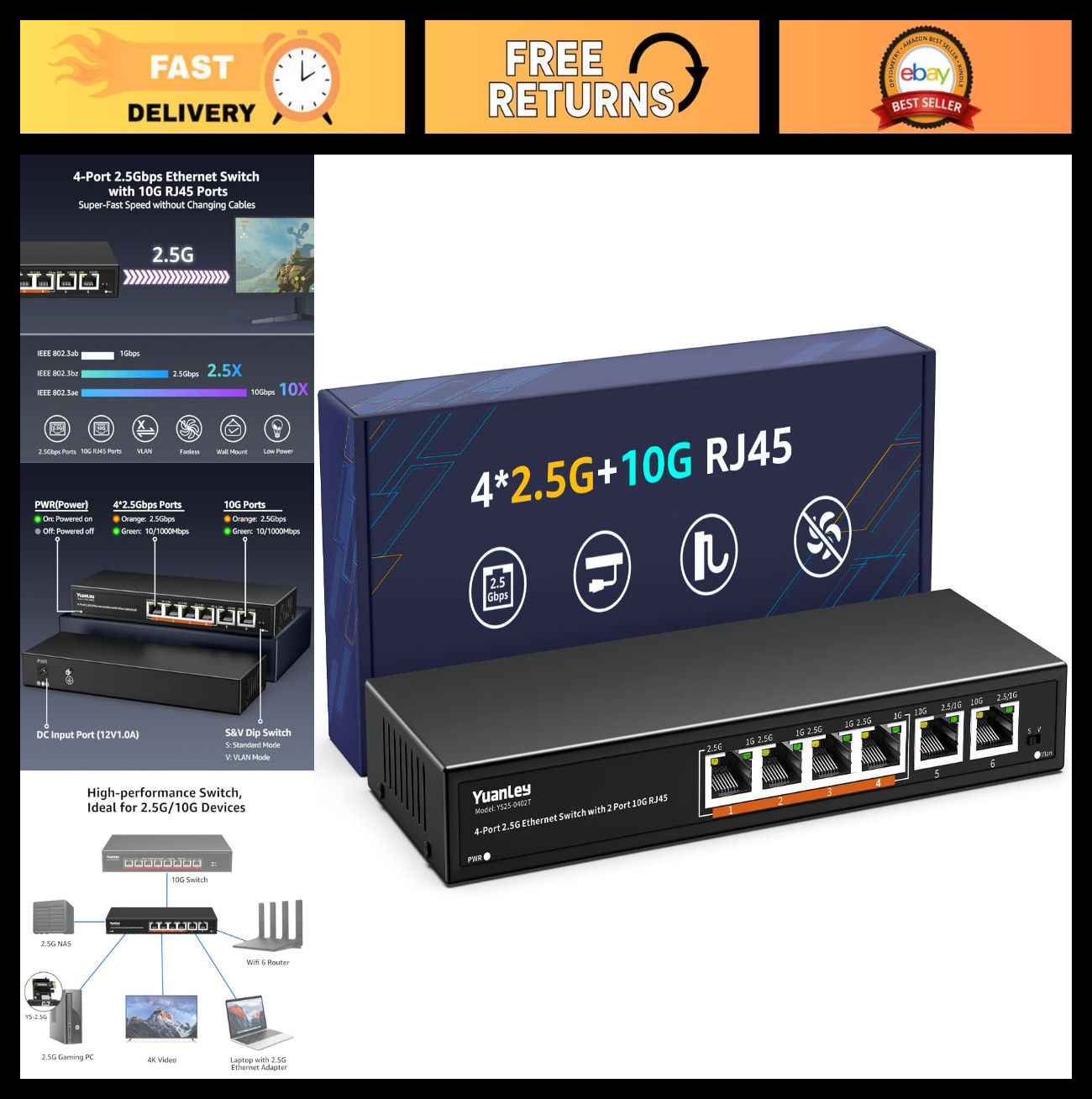 6-Port 10G Ethernet Switch, 4x2.5G & 2x10G RJ45, Fanless Metal, VLAN, NAS Compat