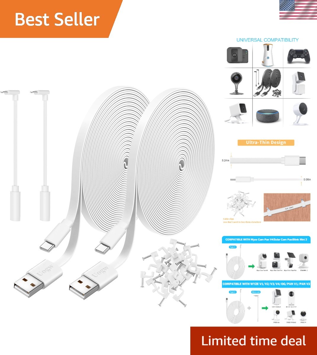 Extra Long 10FT USB A to USB C Extension Cables - Ideal for Home Security