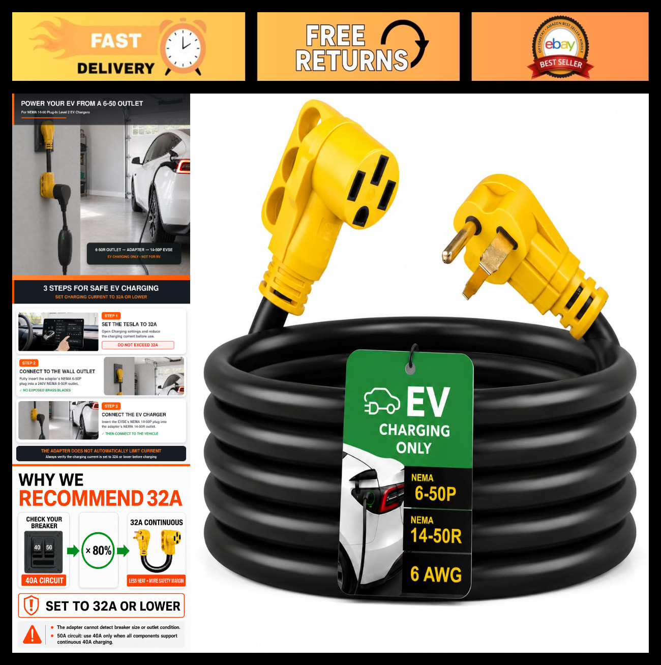10ft EV Charger Adapter Cord NEMA 6-50P to 14-50R, 6 AWG, Level 2 Charging, ETL