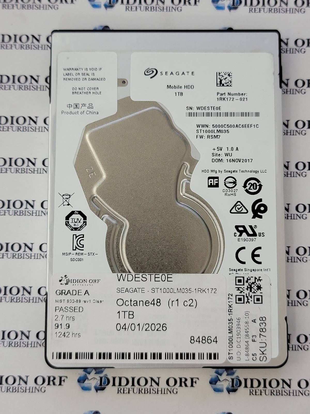SEAGATE 1TB 2.5" SATA HDD 5400 RPM ST1000LM035-1RK172, GRADE A, SKU 7838