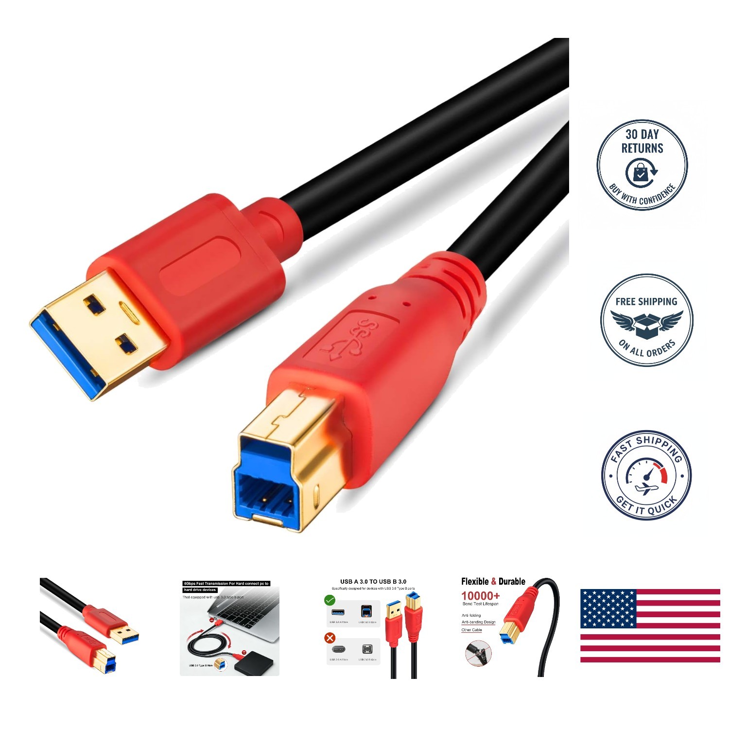 Versatile 3Ft USB 3.0 A to B Male Cable for Enhanced Performance & Connectivity