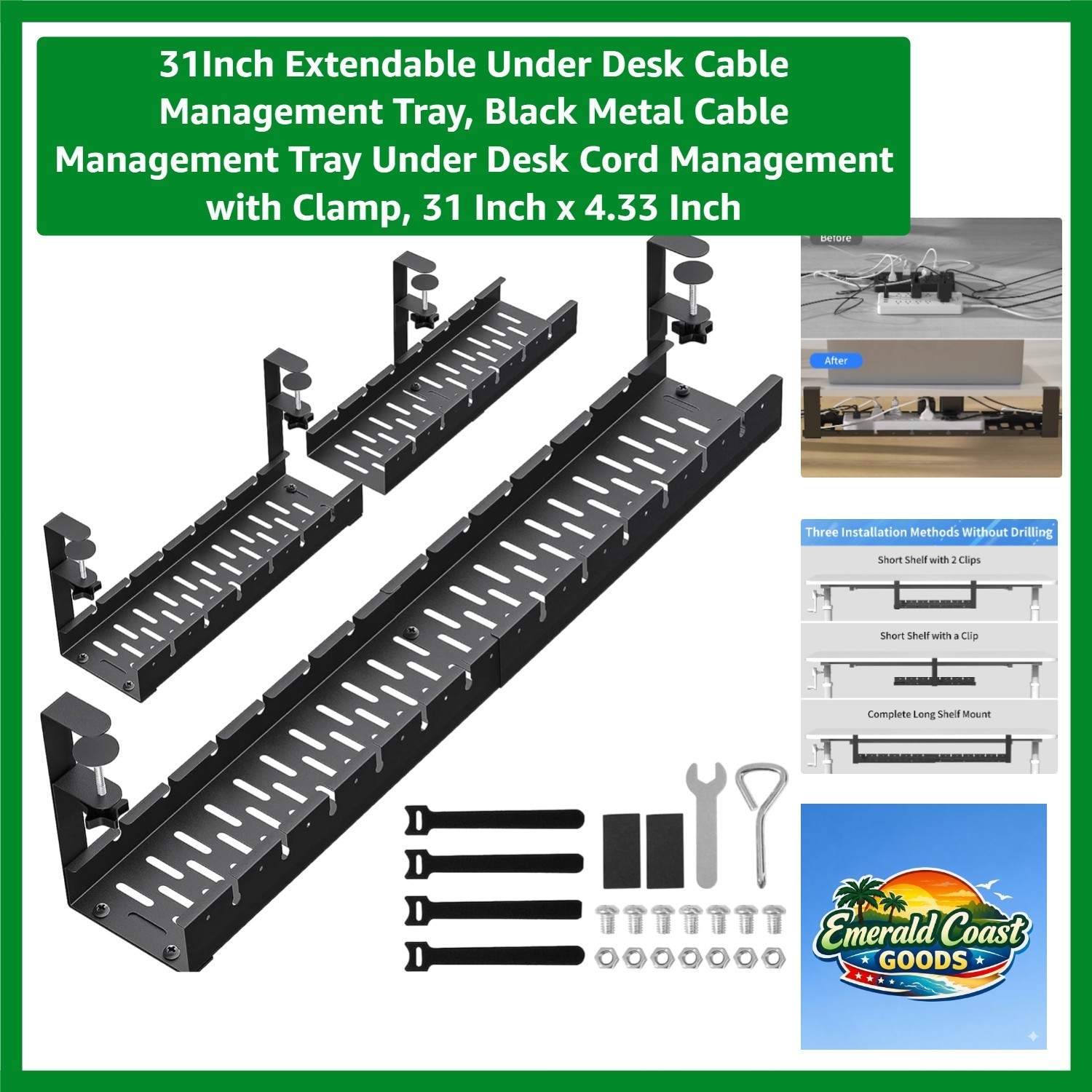 31-Inch Extendable Under Desk Cable Management Tray - No Drilling, Easy Install