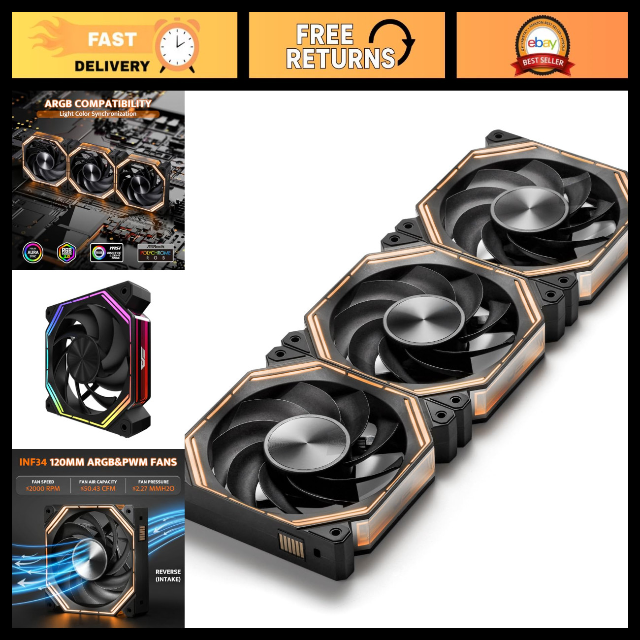 120MM ARGB PC Case Fans - 2000RPM Cooling, 4-Pin PWM, Daisy-Chain, 3 Pack