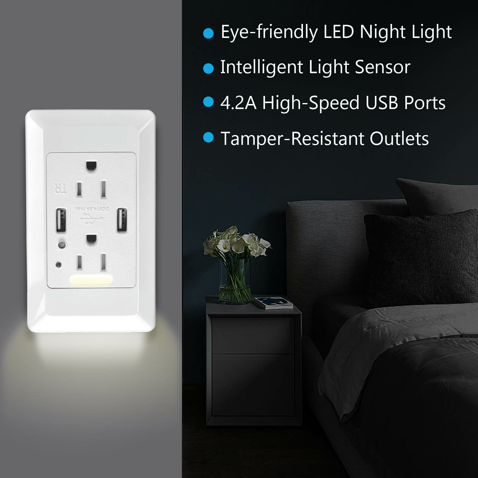 With LED Nightlight 4.2A Smart High Speed USB Outlet Home Wall Socket Panel Plug