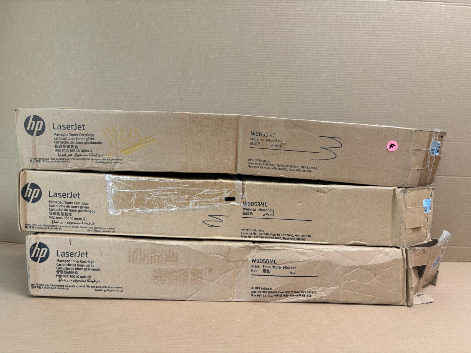 3 Open Box OEM HP LJ MFP E87640,E87650 Magenta & Black  Toner W9050MC, W9053MC