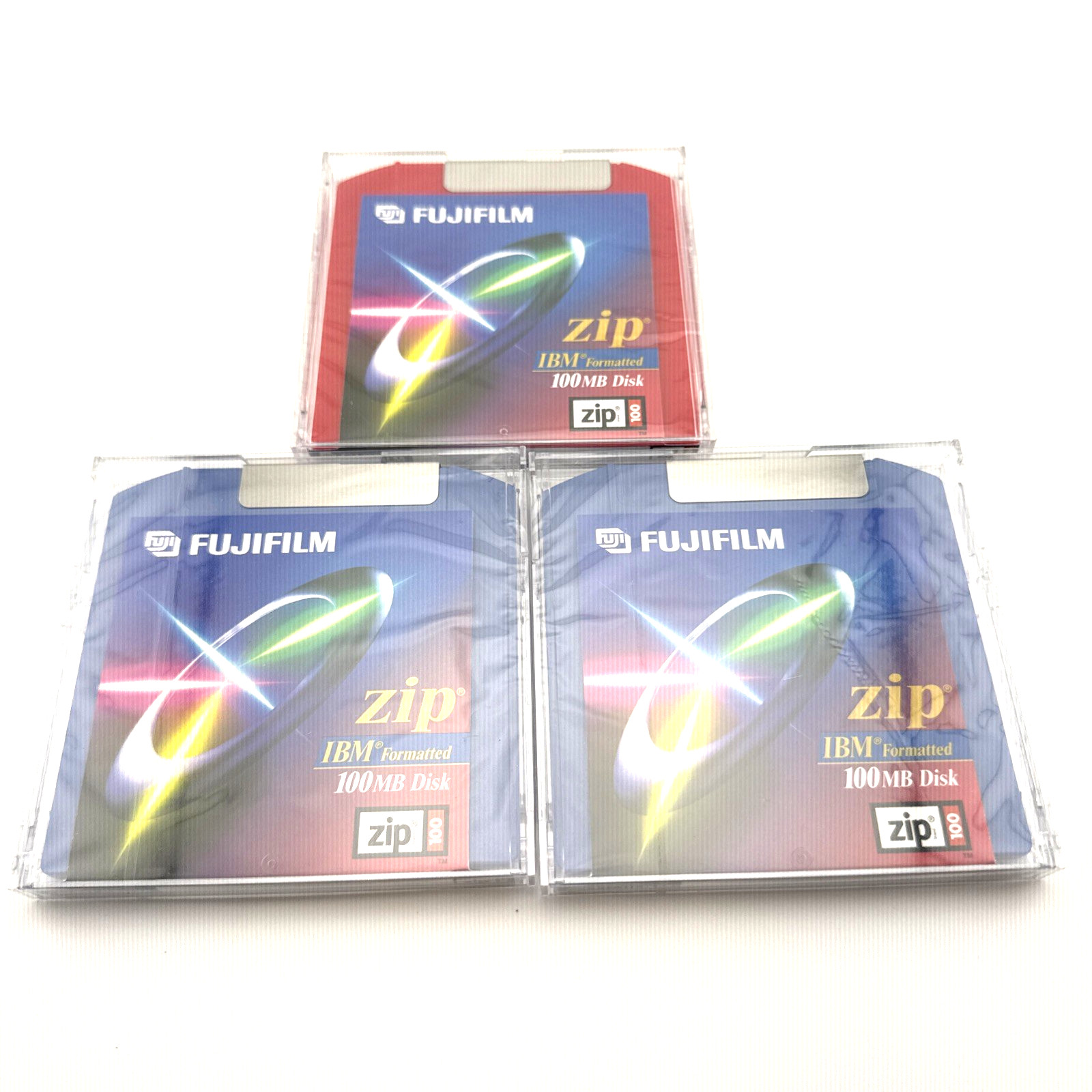 Lot of 3 Fujifilm Zip 100MB Disks IBM Formatted ATOMM Technology New Sealed