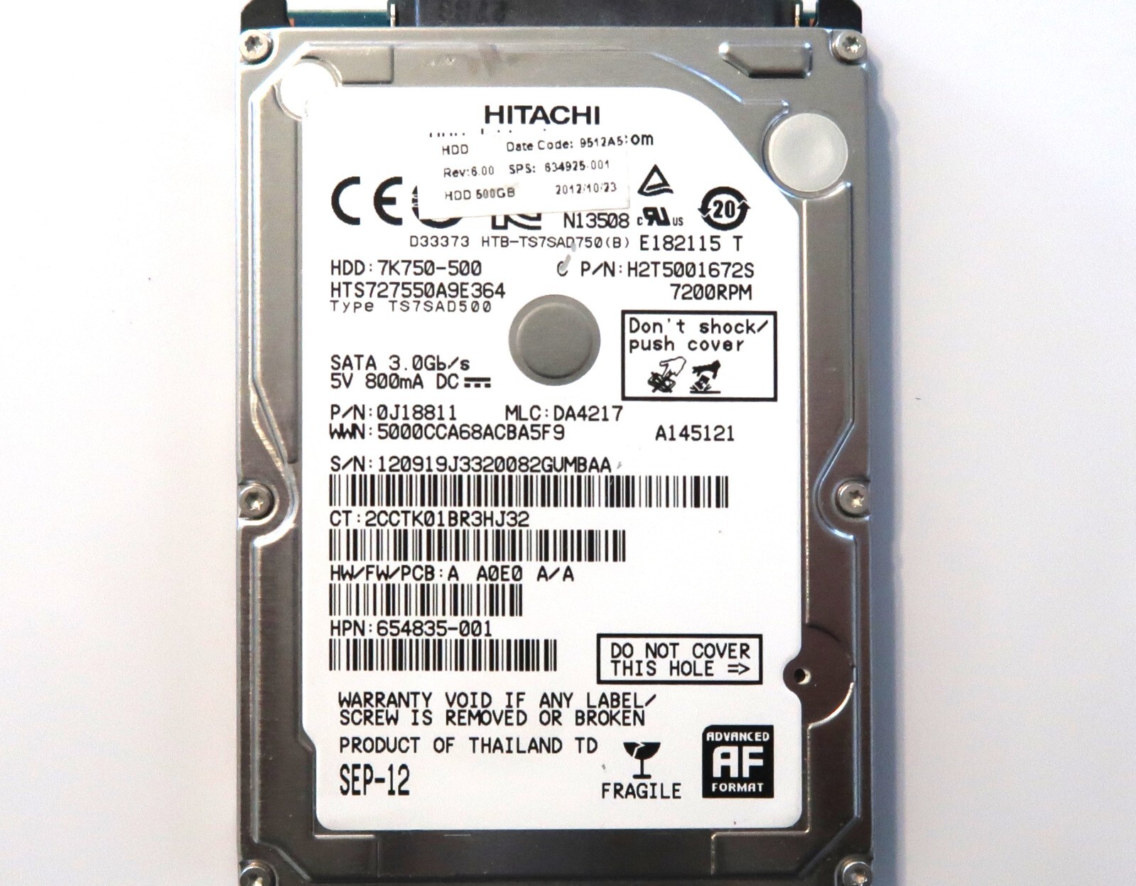 Hitachi HTS727550A9E364 0J18811 DA4217 Thailand 500gb Sata 2.5" HDD 09/2012
