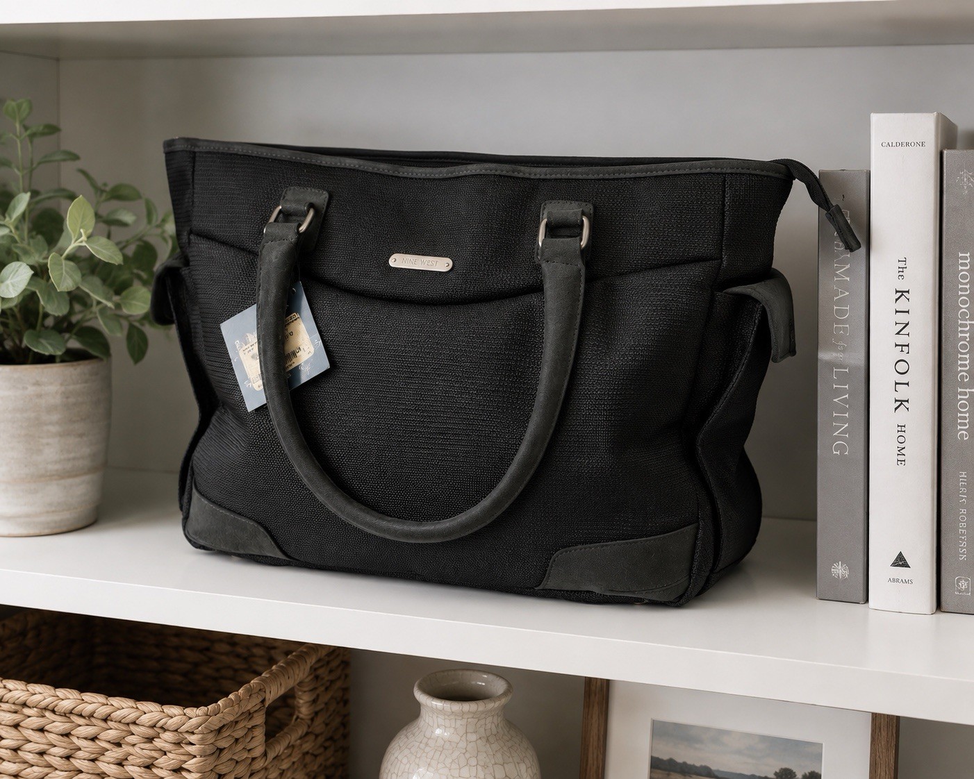 Nine West Large Tote Bag Laptop Zip Top Shoulder Carryall Travel Olive Green NWT