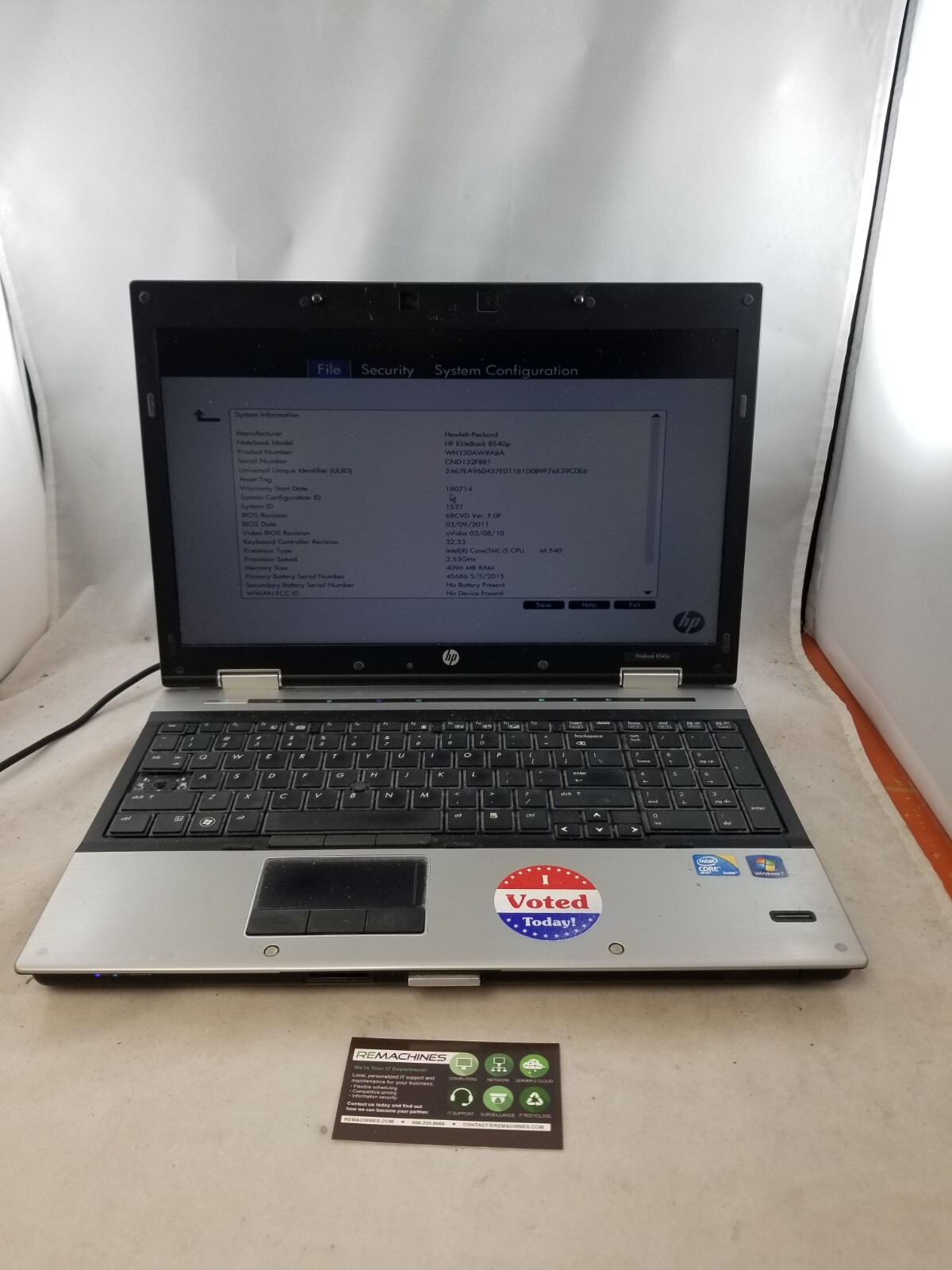 HP EliteBook 8540p 15.6" Laptop i5-M540 2.53GHz 4GB No HDD Quadro - Tested