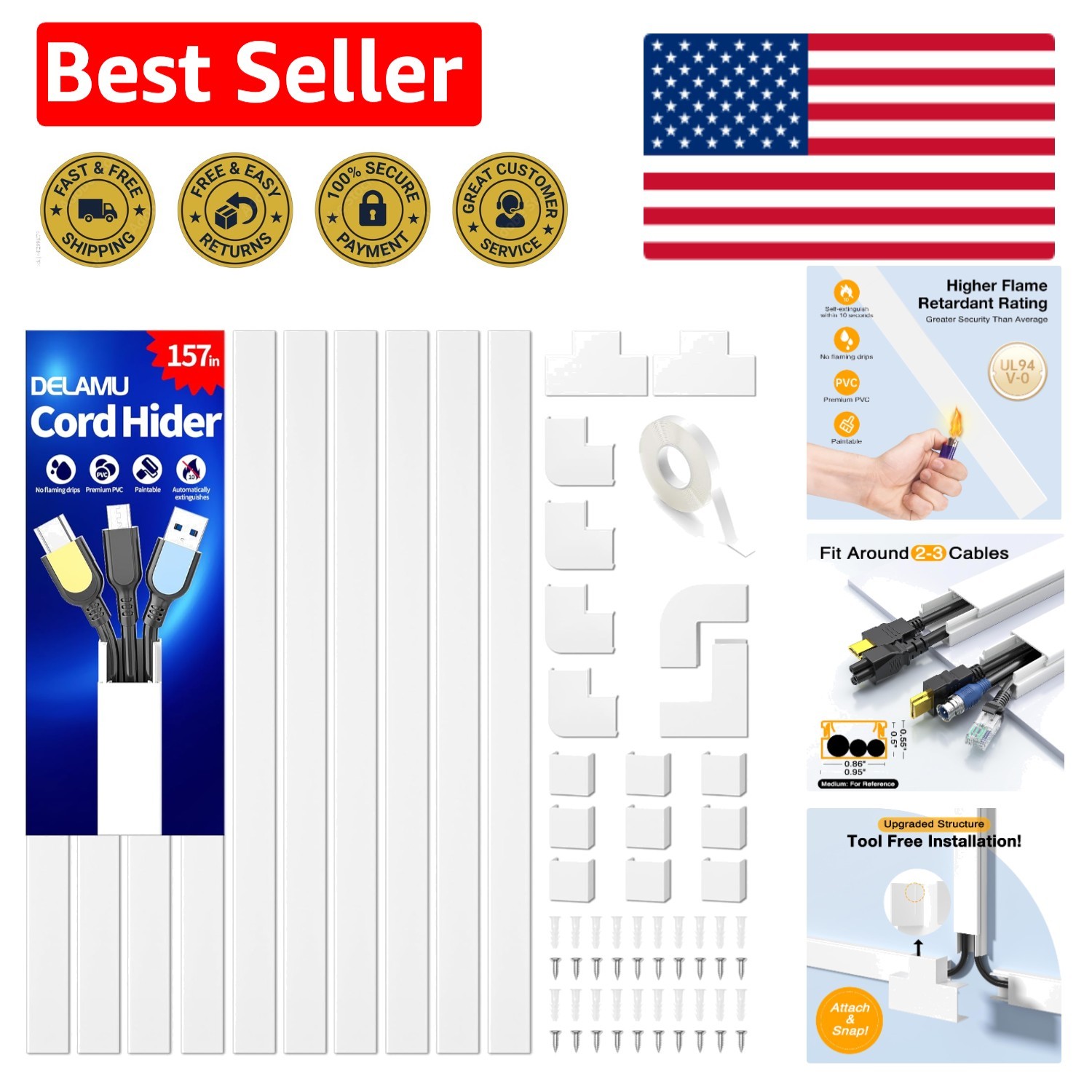 157in White Cord Hider - Flame Retardant Wire Cover for Safe Spaces