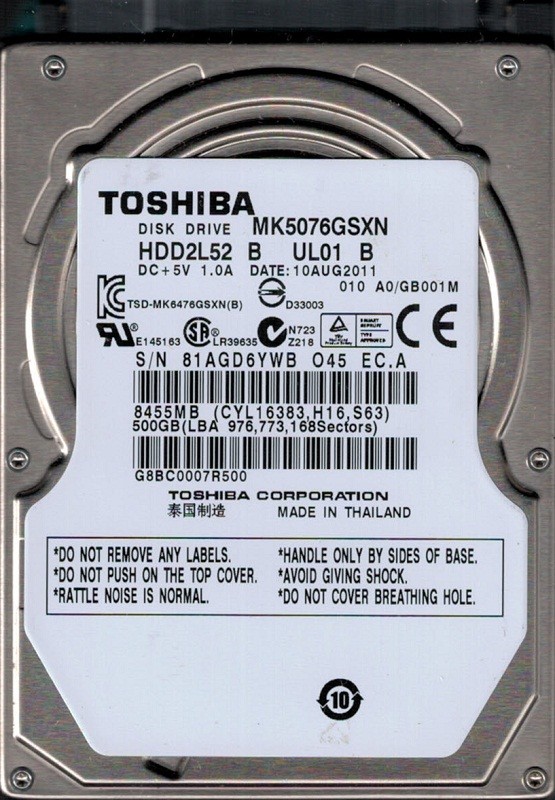 MK5076GSXN HDD2L52 B UL01 B THAILAND Toshiba 500GB