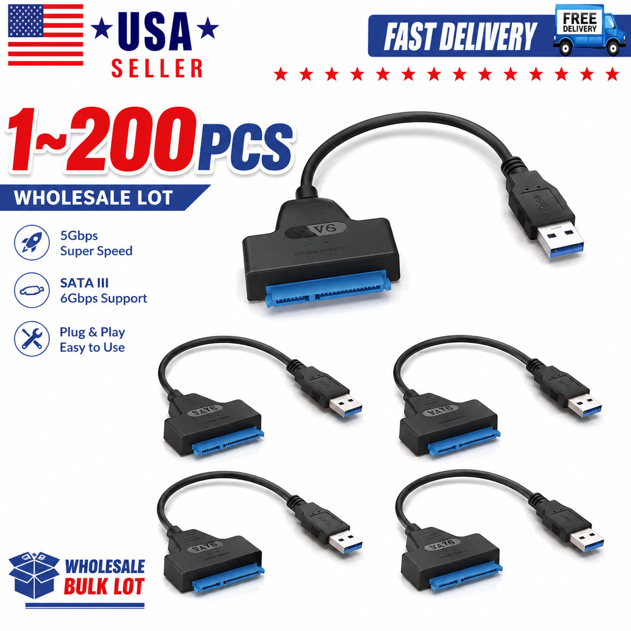 USB 2.0 to 2.5" SATA III Hard Drive Adapter Cable/UASP to USB2.0 Converter lot