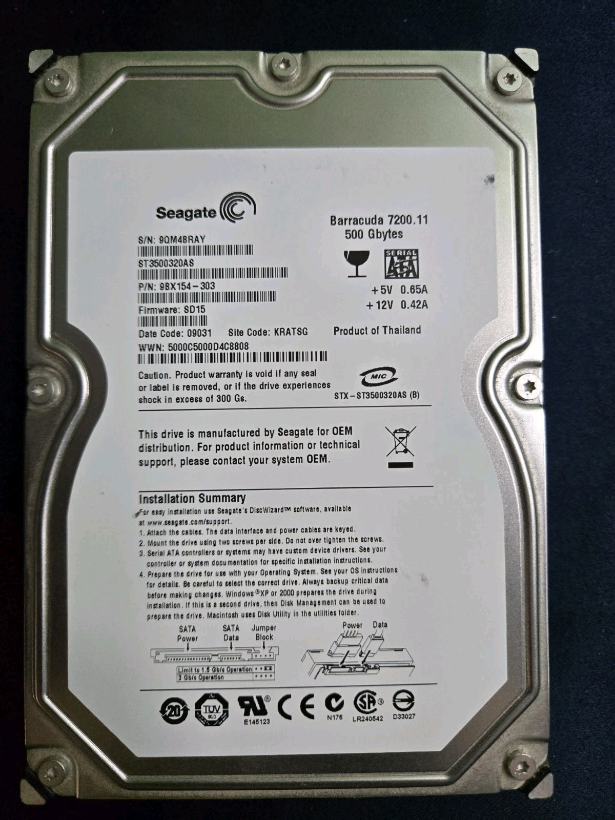 ST3500320AS, 9BX154-303, SD15, SU, 6QM0 Seagate Hard Drive