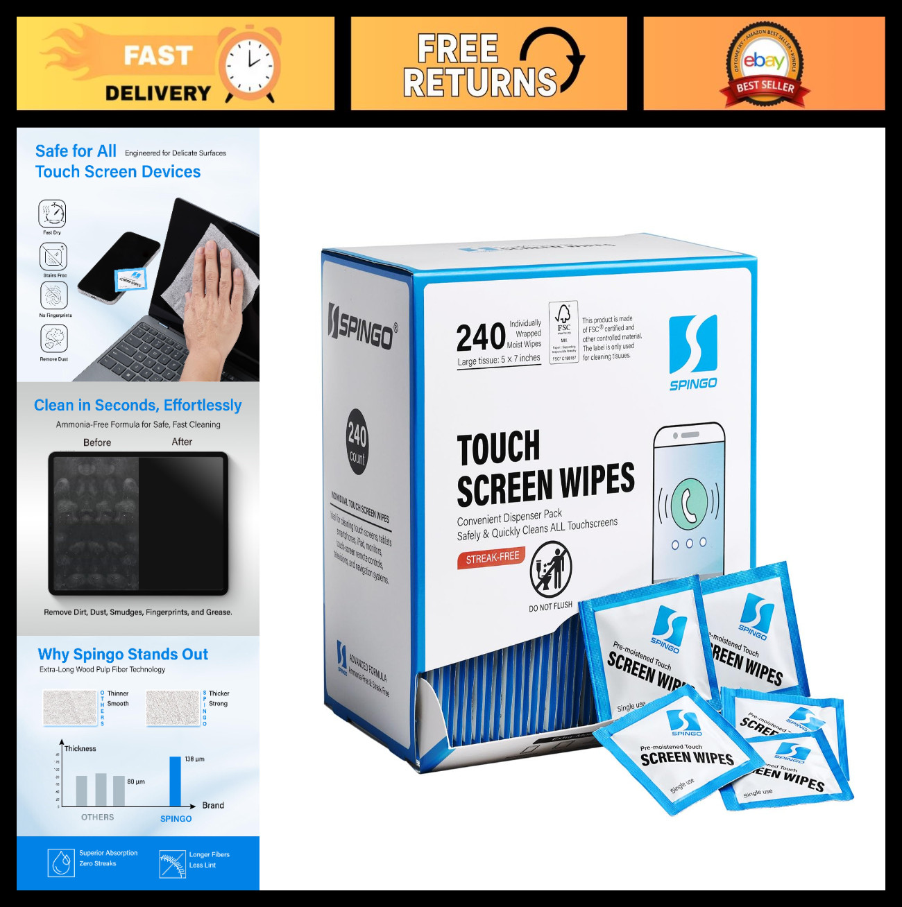 240 Count Screen Cleaner Wipes for Electronics, Touchscreens & Glass Surfaces