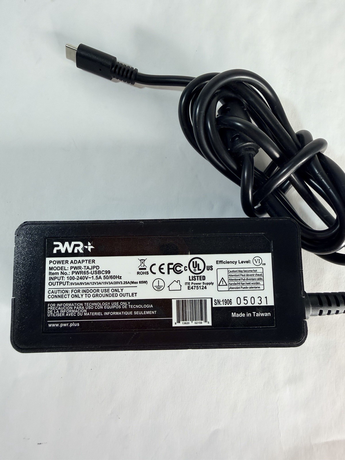 PWR+ 65W USB-C Power Adapter Charger Model PWR-TA-JPD for Laptop / Steam Deck