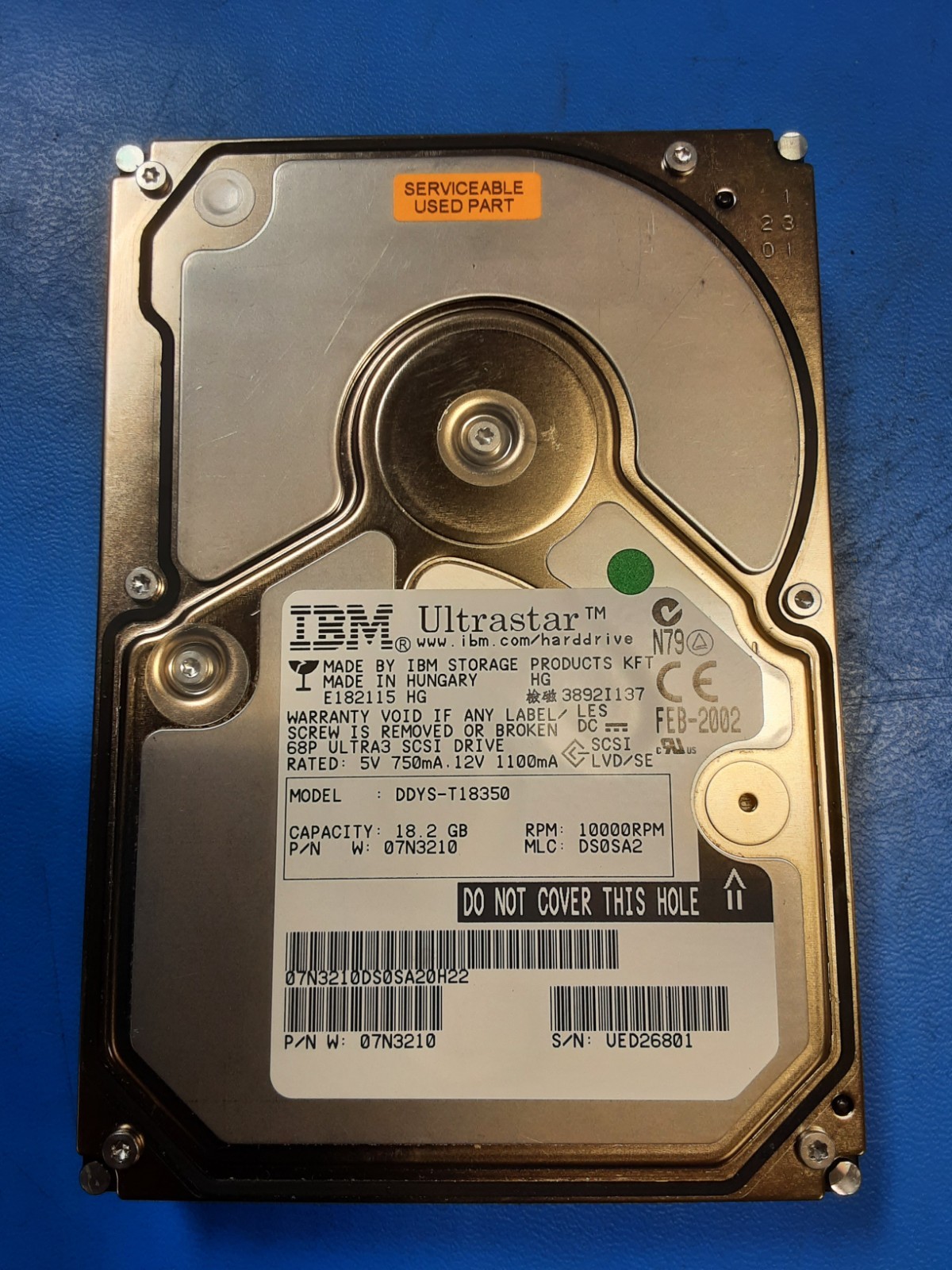 IBM Ultrastar DDYS-T18350 18.2GB 10K RPM 3.5" SCSI HDD 68-Pin 07N3210 DS0SA2