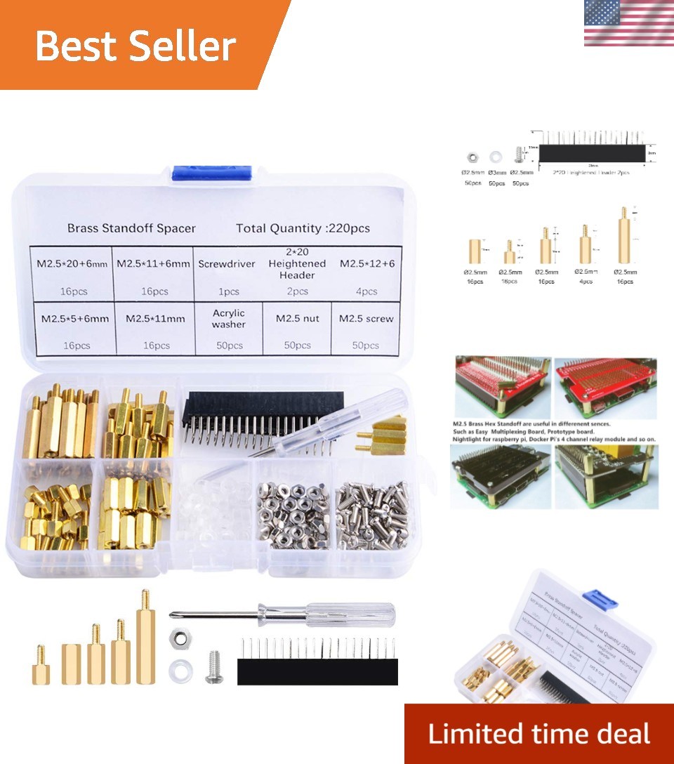 220PC Brass Spacer Kit: M2.5 Hex Column Standoffs with Washers for Raspberry Pi
