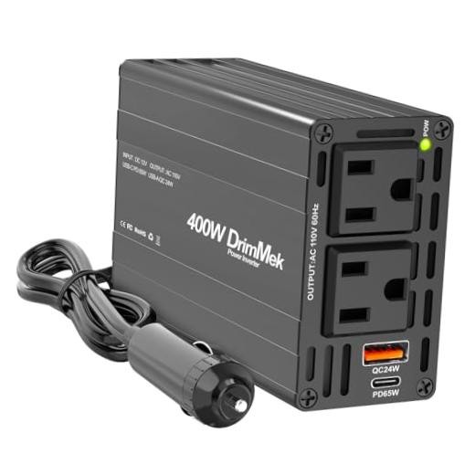400W Car Power Inverter 12V to 110V AC｜24W+65W USB C, Laptop Charger | BLACK