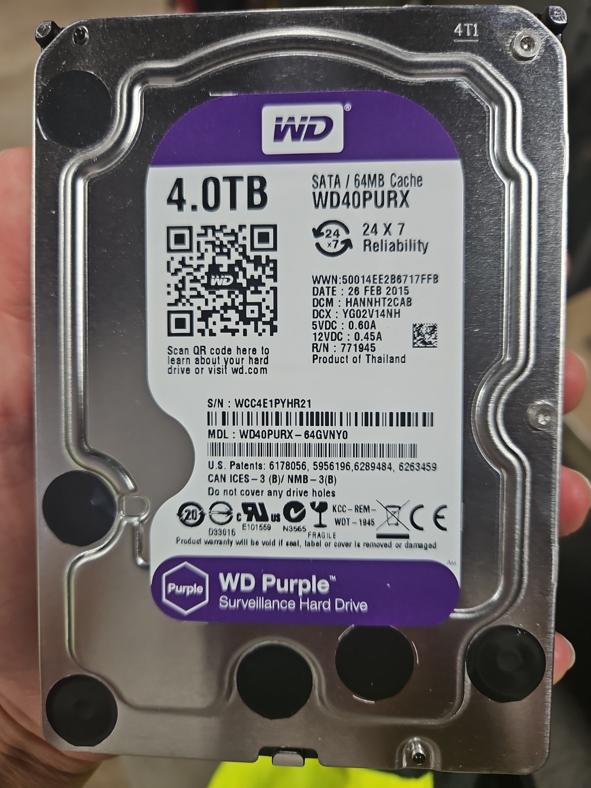 Western Digital WD Purple 4TB WD40PURX 5400RPM 64MB SATA 3.5" HDD 24x7