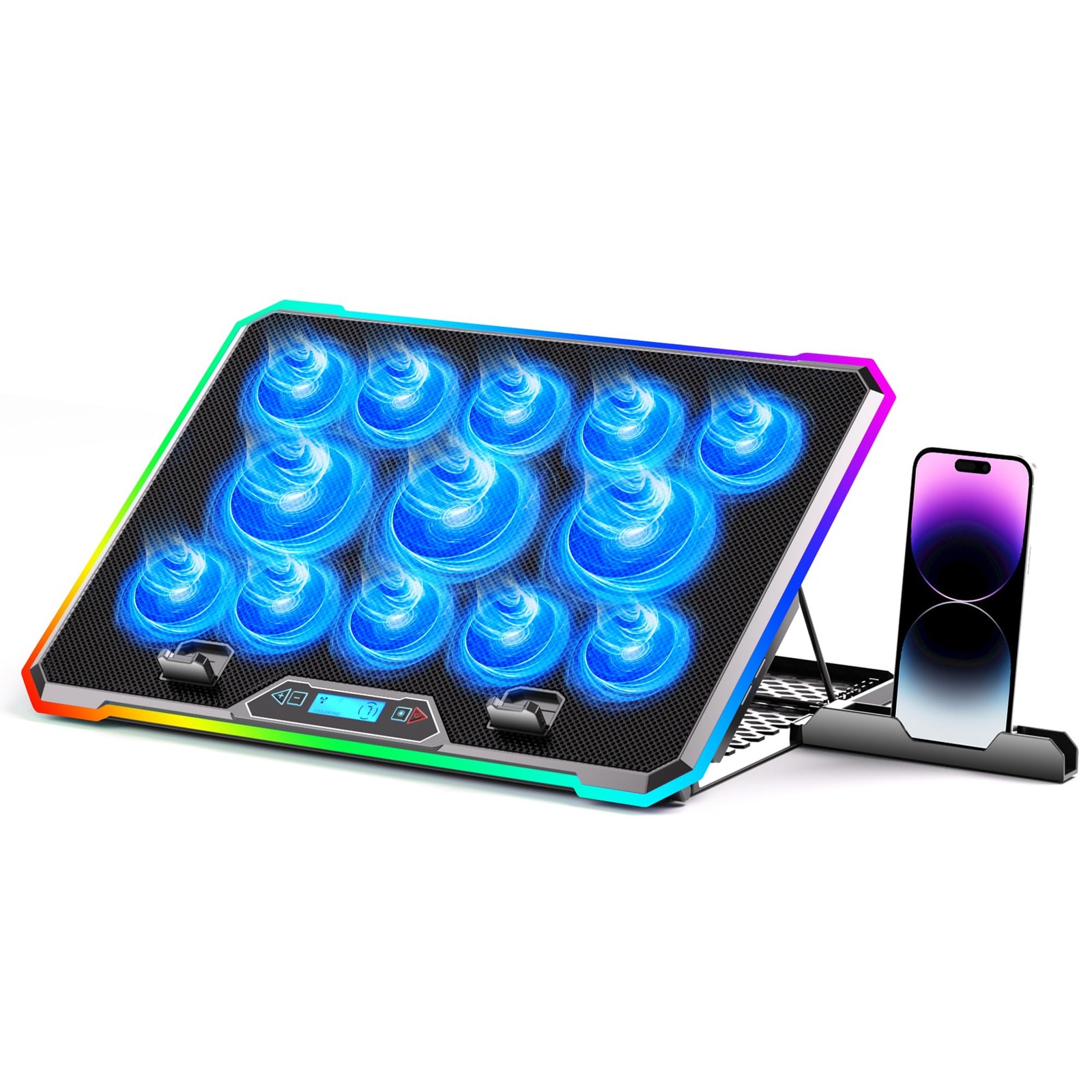 Gaming Laptop Cooler with 13 Ultra Quiet Fans, LCD Screen and 13 RGB