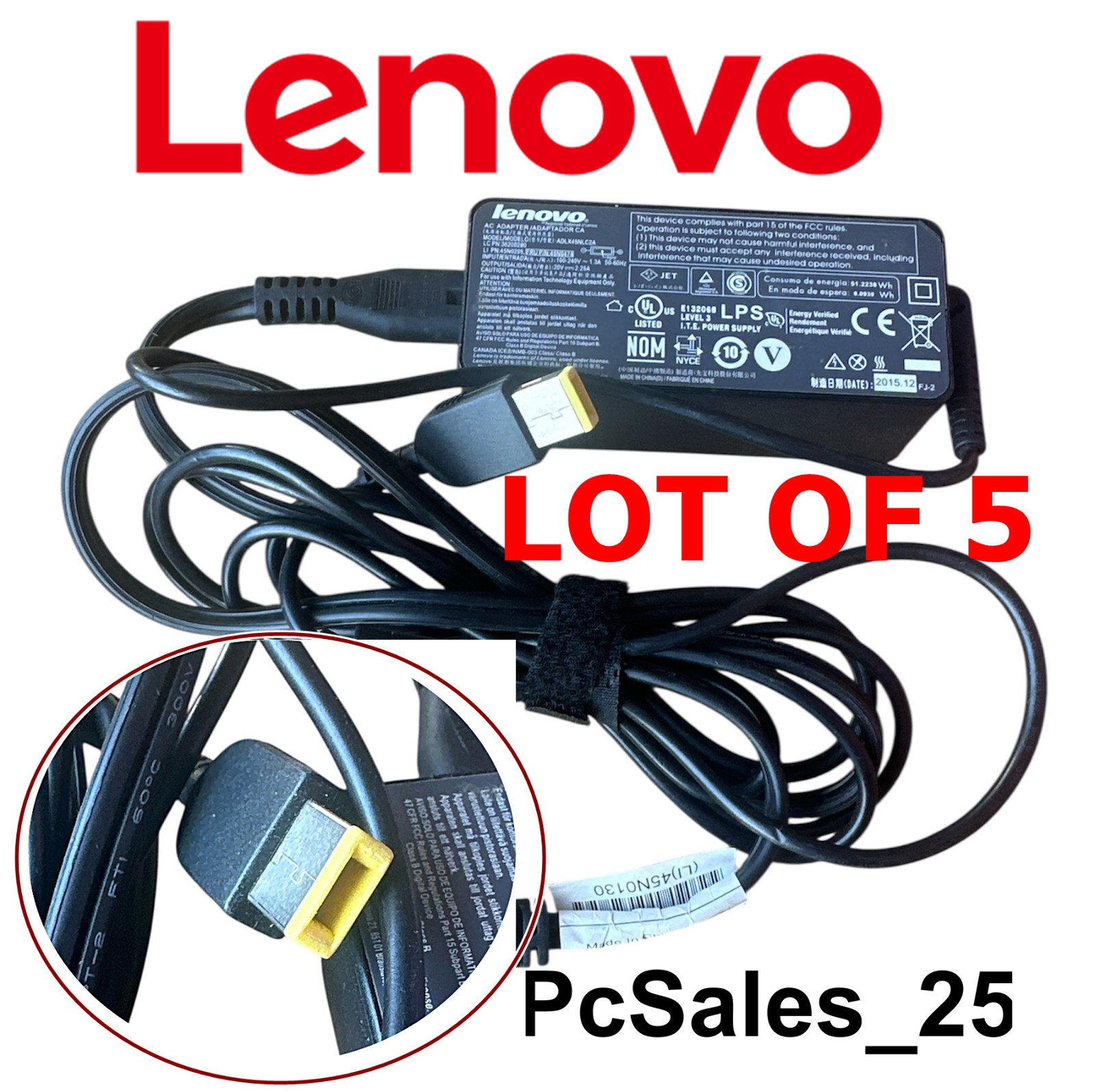 Lot of 5 OEM Lenovo 45W Square Tip Adapter Charger Yoga 11e E460 x260 X1 Carbon