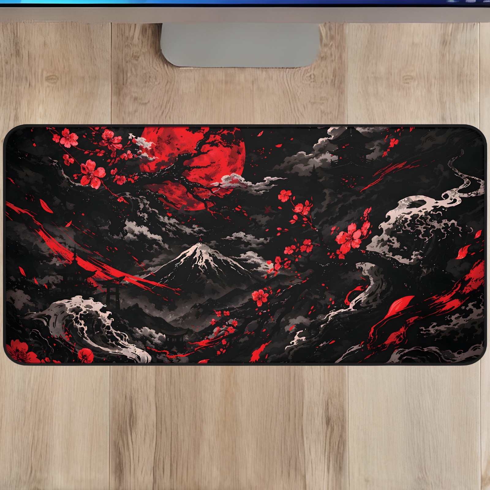 Samurai Red Moon Desk Mat 16x32 Japanese Neoprene Gaming Mouse Pad XL