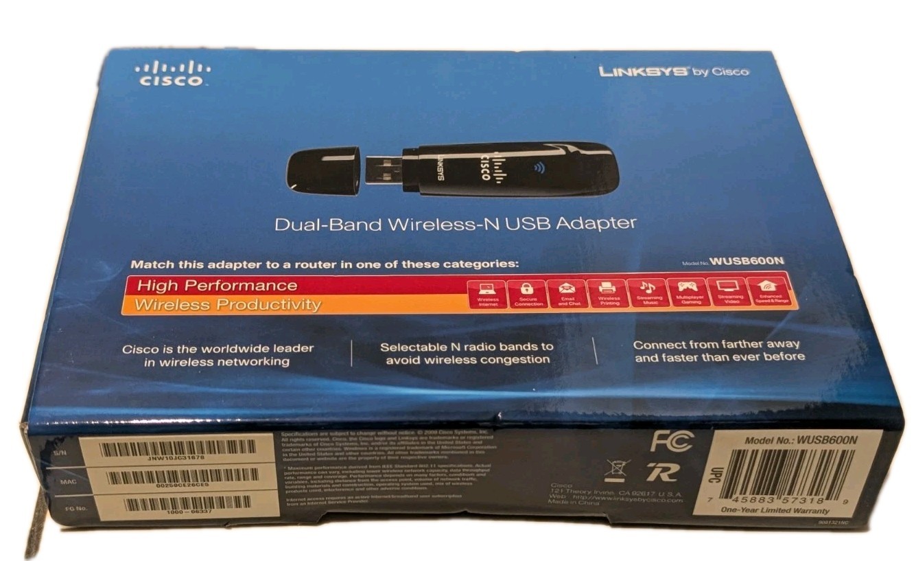 Linksys by Cisco WUSB600N Dual-Band Wireless-N USB Adapter 2.4GHz 5GHz w/ Box