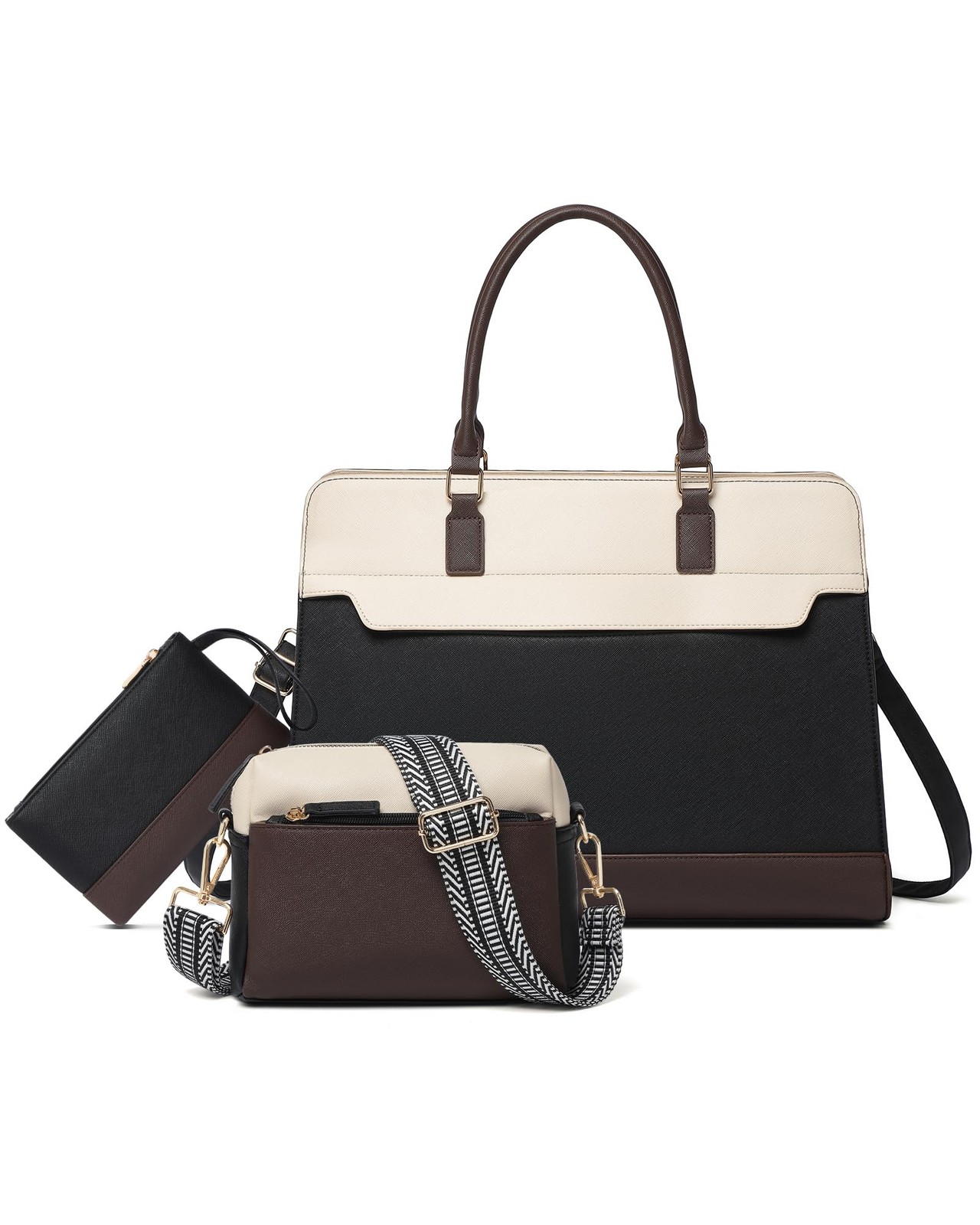 Laptop Bag for Women,3PCS Vegan Leather Tote Bag for Work with 2 Shoulder Straps