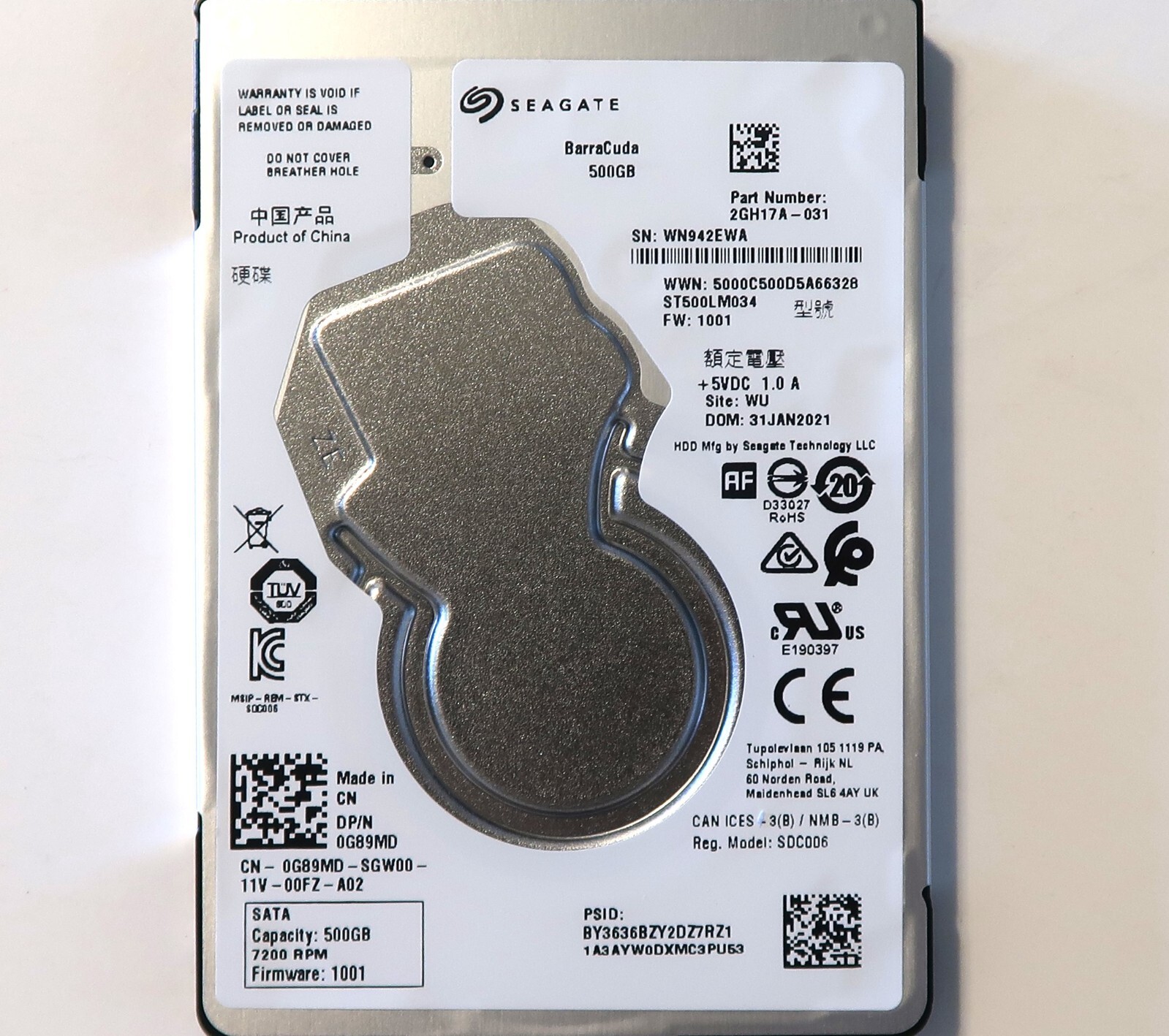 Seagate ST500LM034 2GH17A-031 WU China FW:1001 (WN94) 2.5" 500gb Sata 31JAN2021