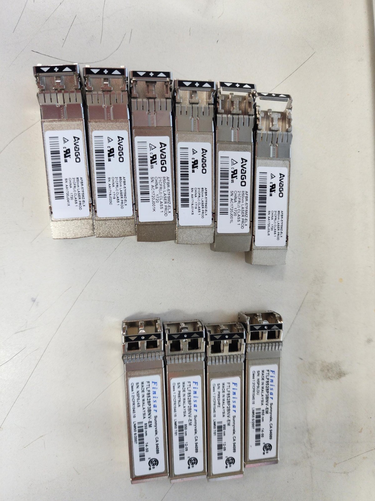NEW 4x8GB Finisar FTLF8528P2BNV-EM + 6xAvago 16G AFBR-57F5MZ-ELX SFP+Fiber Fiber