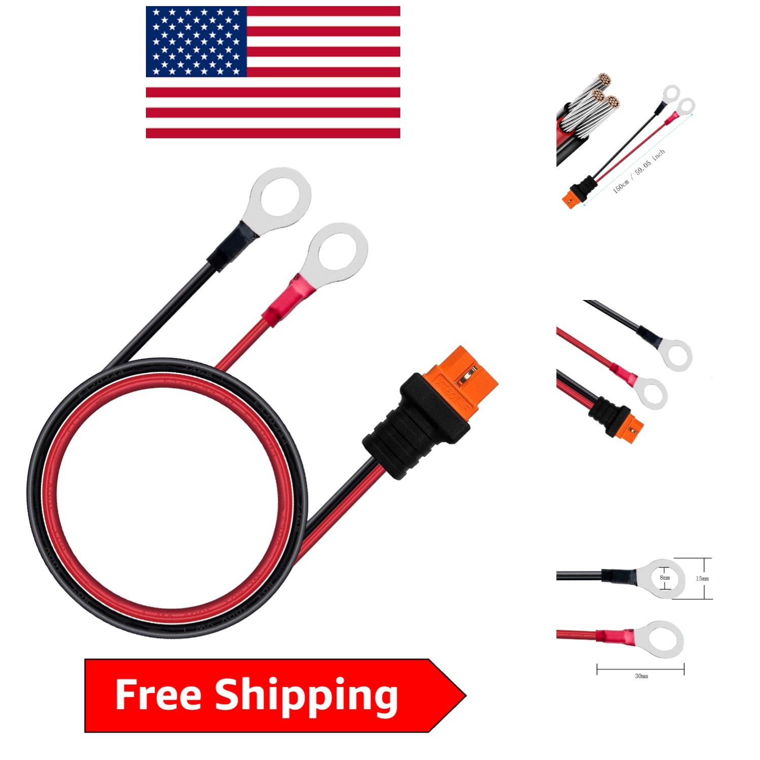 XT60i to O Ring Terminal Cable 1.5M/5FT, 10AWG, Over 8A - Perfect for RC Devices