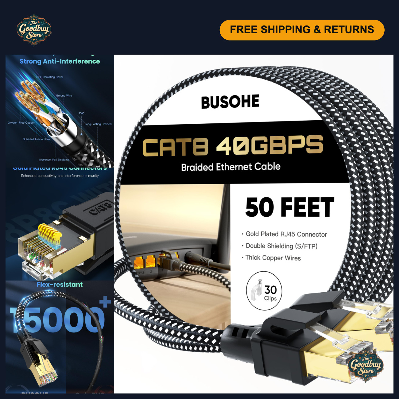 High-Speed 50FT Cat 8 Ethernet Cable, 40Gbps, Braided LAN Cable, Gold RJ45, UV R