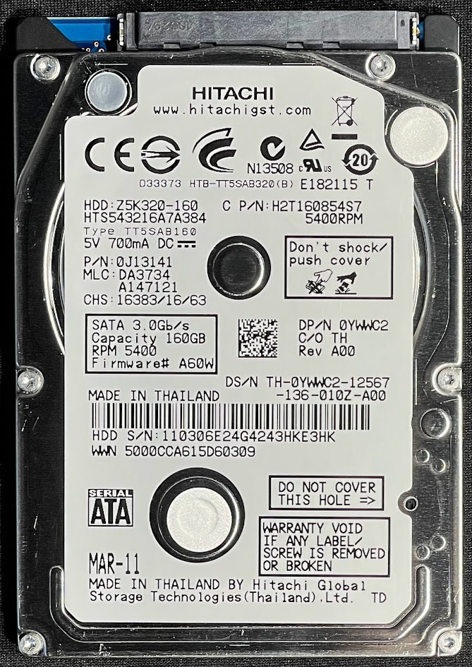 Dell / Hitachi 320GB 5400RPM 2.5" SATA HDD / HTS543232A7A384 / YWWC2 / 9CFKH