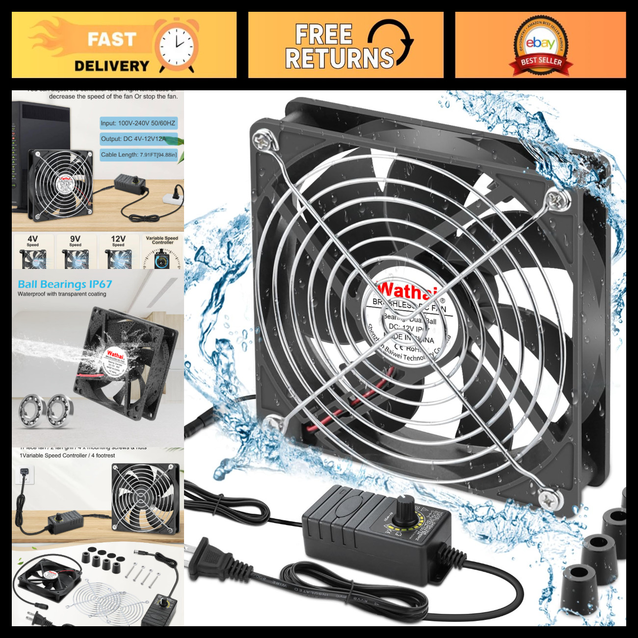 120mm Waterproof Box Fan IP67 - 12V/AC 110V/120V Small Cooling Fan for Computers