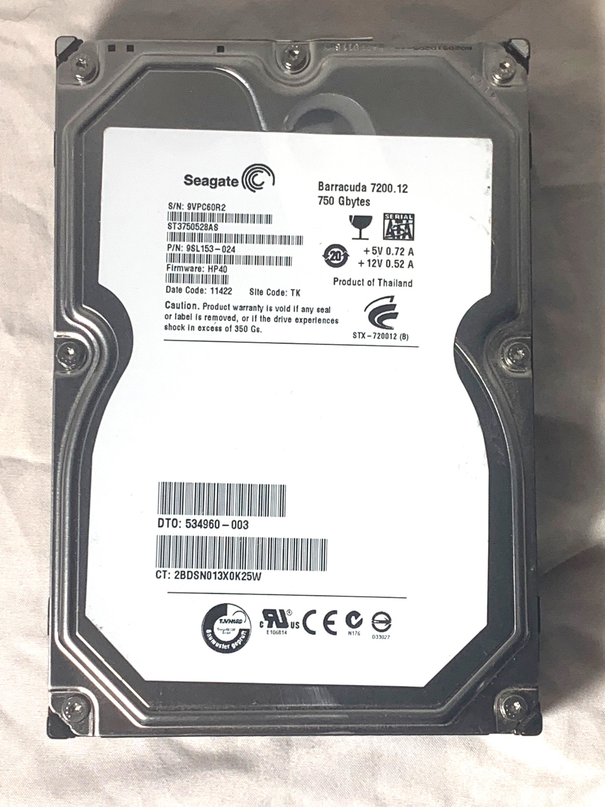 SEAGATE BARRACUDA ST3750528AS 750GB SATA HARD DRIVE P/N: 9SL153-024