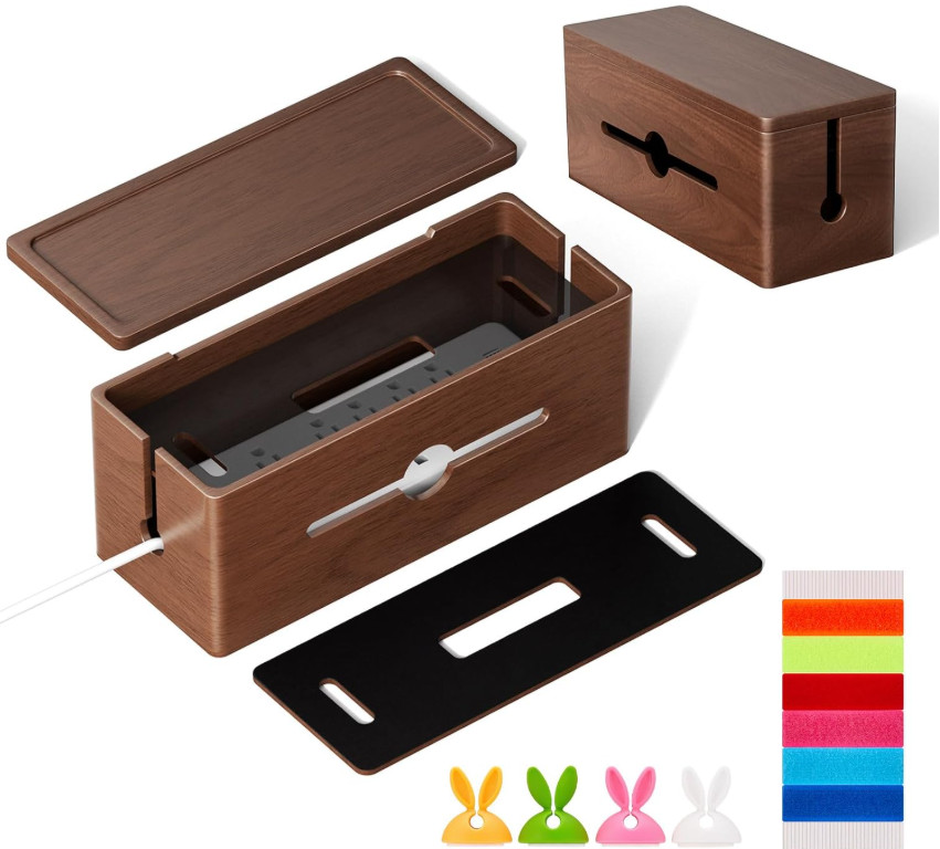Caja Organizadora de Cables Extra Grande de Madera Doble Capa Marrón, Nuevo