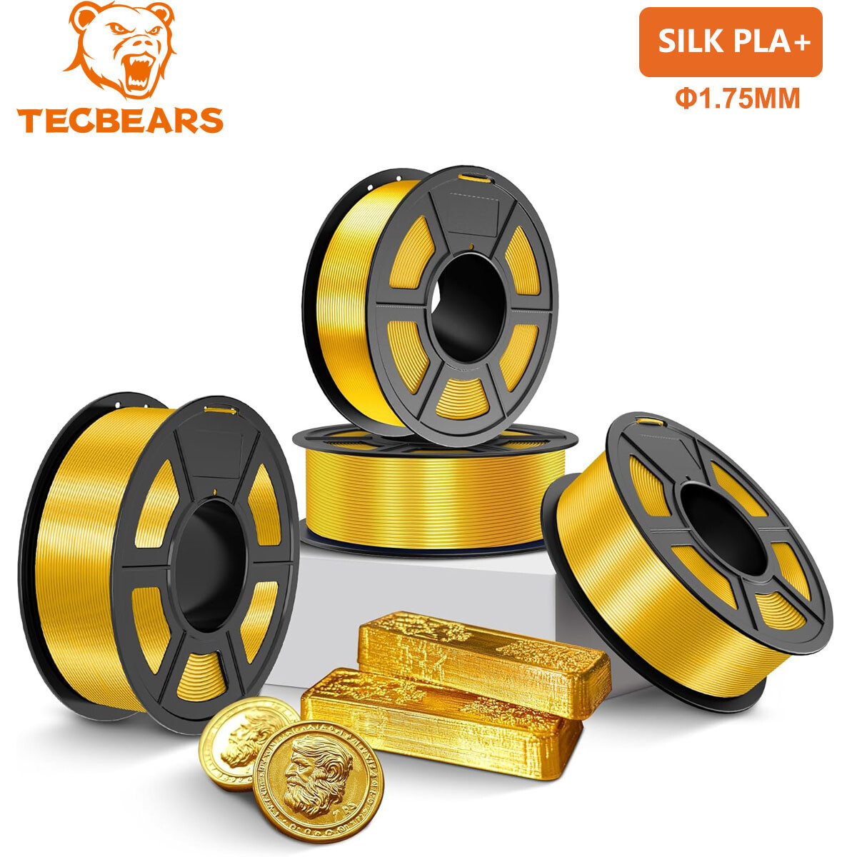 TECBEARS 4KG Silk PLA+ Filament 1.75mm Shiny Silk PLA 3D Filament High Adhesion