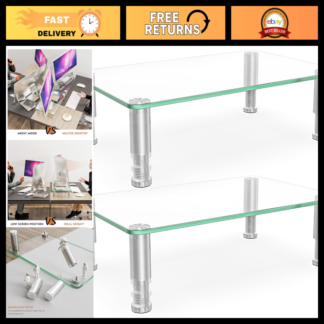 2 Pack Adjustable Monitor Riser Stand for LCD LED TV, Laptop, Xbox - Multi Media